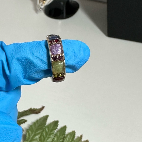 Signed Liz Claiborne Pierced Earrings Enamel Hoops Multicolor Rhinestone 3/4” - Picture 7 of 8